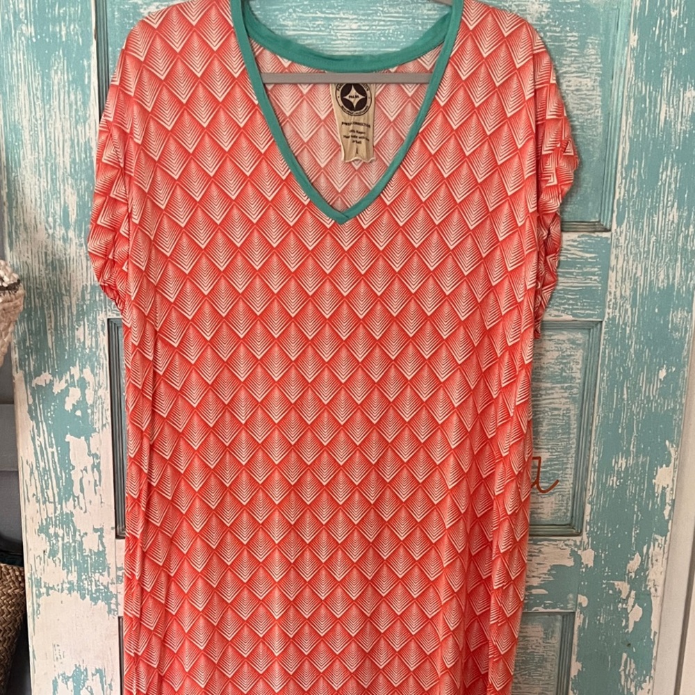 Made in Bali rayon maxi orange and White Geometric Dress EUC like  Kealopiko 🌺